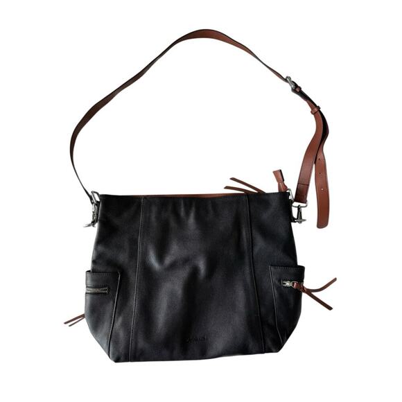 Bostanten LG Black Leather Shoulder Tote Bag Purse Zip Pockets Adjustable Strap - Picture 2 of 13